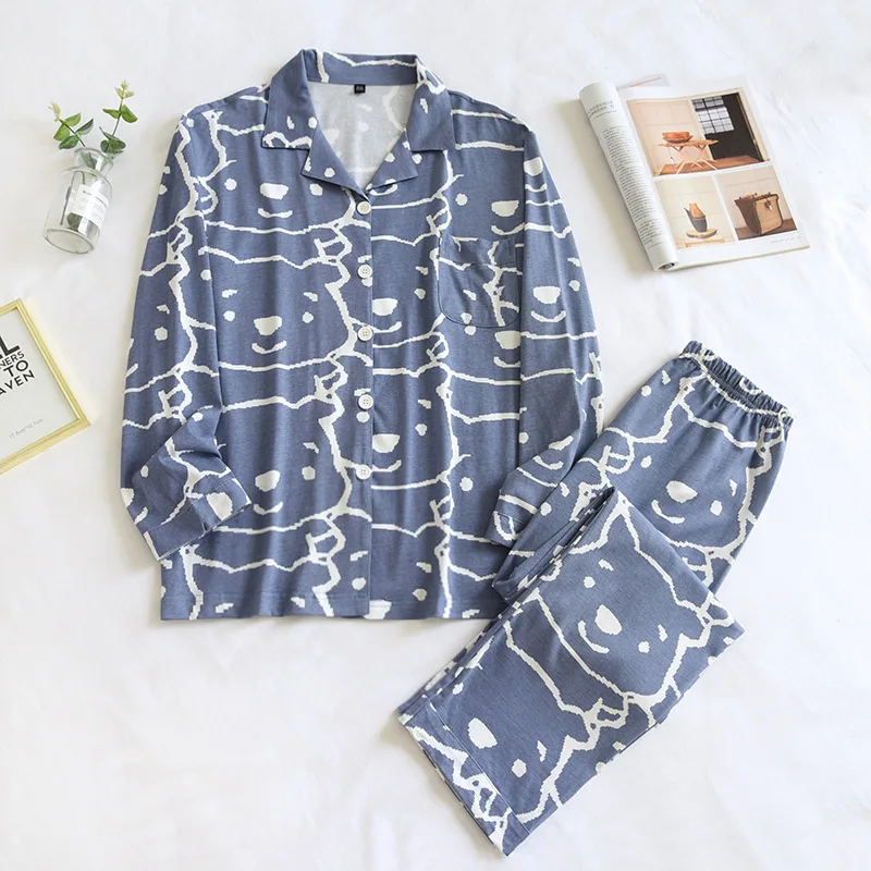 Cartoon Couple Pajamas Men Loose Clothing Sets Lady Spring Autumn Knitted Cotton Long Sleeve Cardigan Button Pijamas Women Sleep