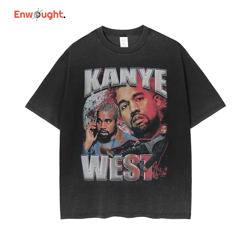 

Hip Hop Kanye Pattern T-shirts Vintage Washed Rap Star T Shirts Harajuku Streetwear Casual Style Retro Tops Tees Men 100% Cotton