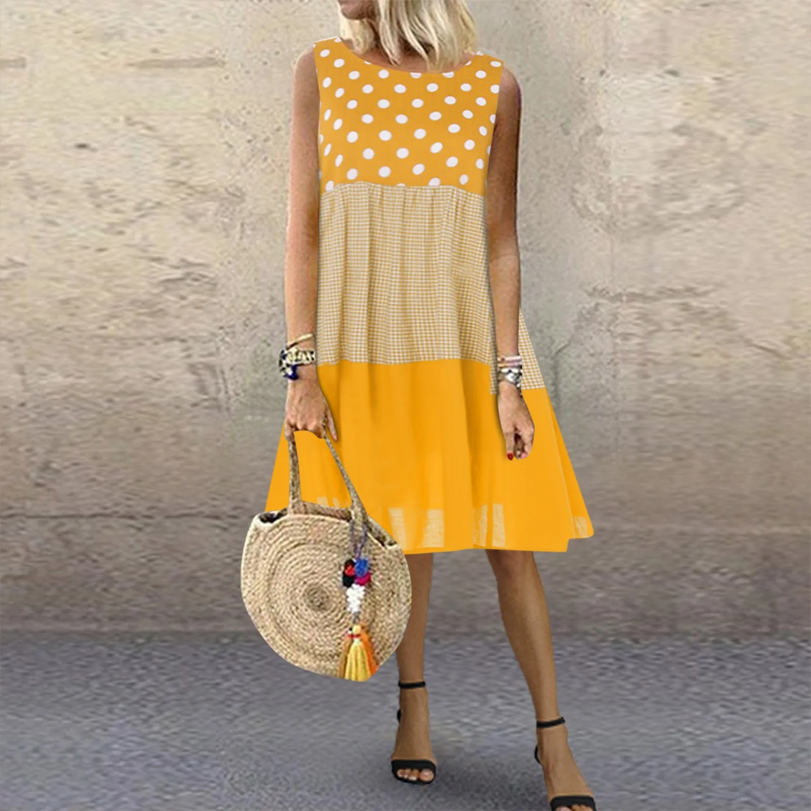 

Женские платья 2022, женское повседневное модное свободное клетчатое платье в горошек без рукавов с круглым вырезом