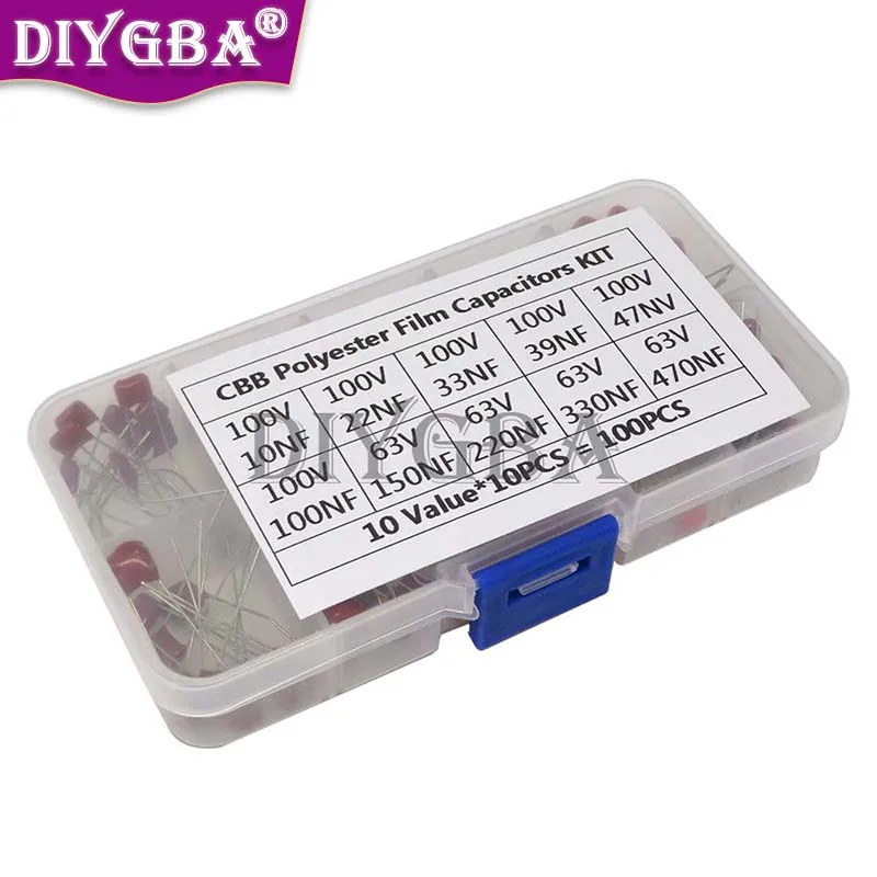 100 шт 10нФ~470нФ Набор конденсаторов CBB Металлизированные пленочные конденсаторы полиэстерового типа Набор образцов с высокой точностью и стабильностью BXV