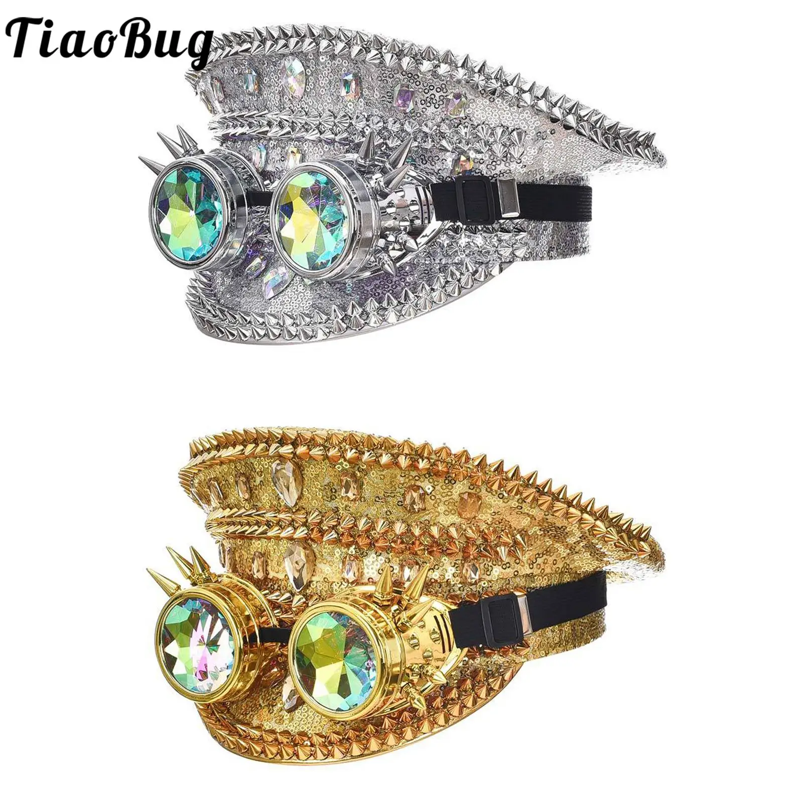 

Tiaobug Womens Shiny Rhinestone Sturdy Rivet Sequins Hat Shows Props Stage Performance Cap Raves for Theme Party Accessories