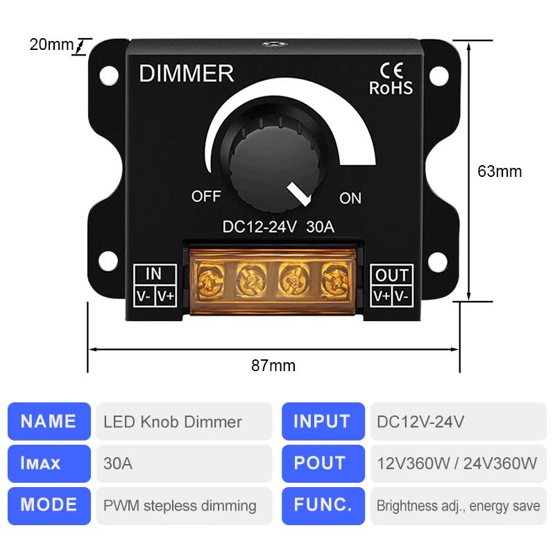 

Диммер DC12V-24V 30A 360Вт