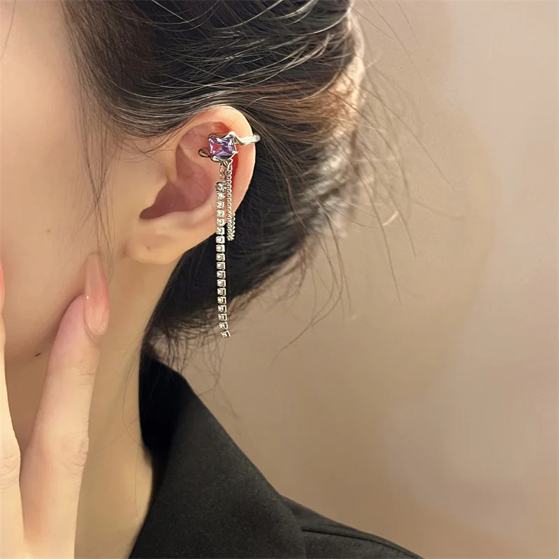 1Pcs Purple Zircon Chain Tassel Ear Clip Earrings for Women C-Shaped Fake Piercing Ear Cuff Clip On Earrings Jewelry Gift images - 6