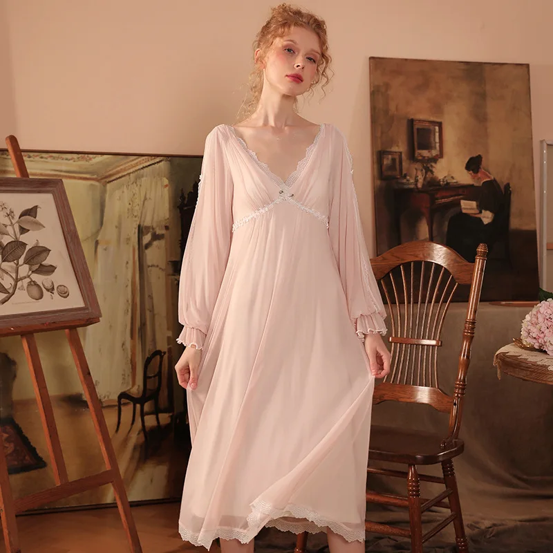 Women's Sexy Elegant V Neck Lace Stitching with Removable Chest Pad Modal Gauze Nightgowns Sleepshirts Sleepwear Pajamas