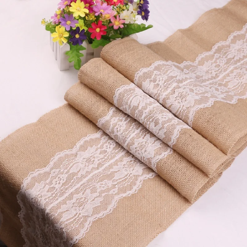 

Vintage Lace Jute Linen Hessian Burlap Table Runner Country Event Party Supplies Wedding Decoration Tablecloth Cover Christmas