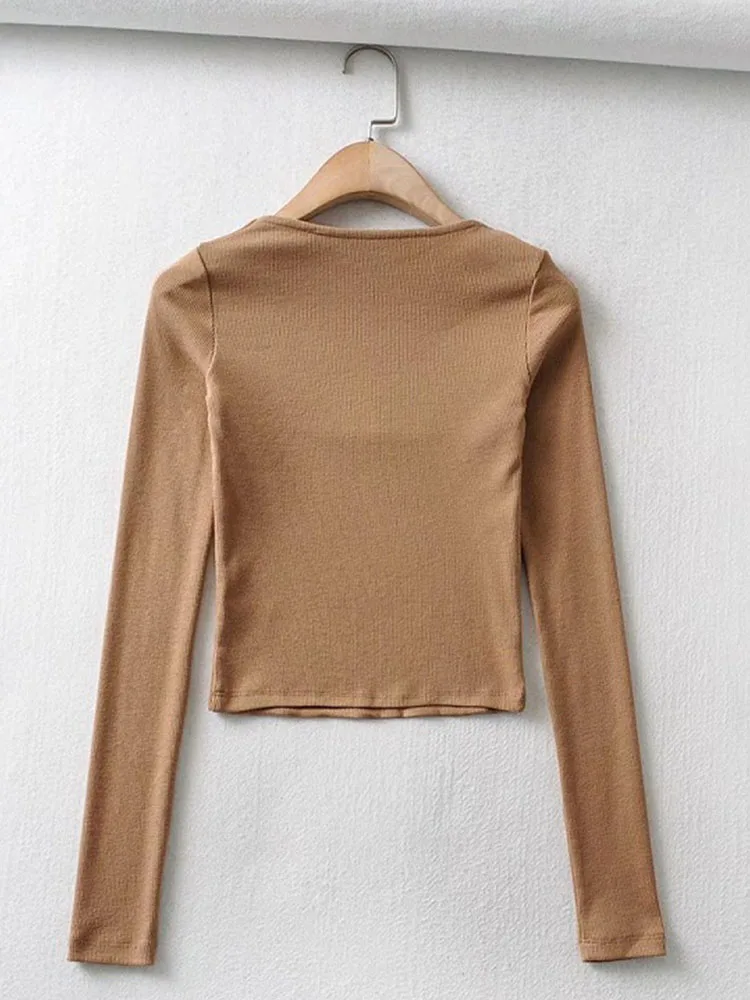 Women Cotton Ribbed Square Neck Crop Top With Long Sleeve