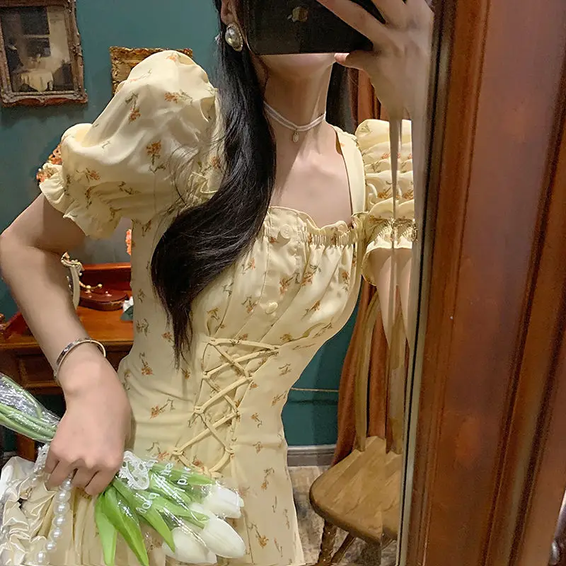 

Vintage Ruffled Midi Dress Korea Fashion Y2k Clothing Summer Yellow Slim Elastic Waist Elegant Chiffon Lace Up Long Dress 2022