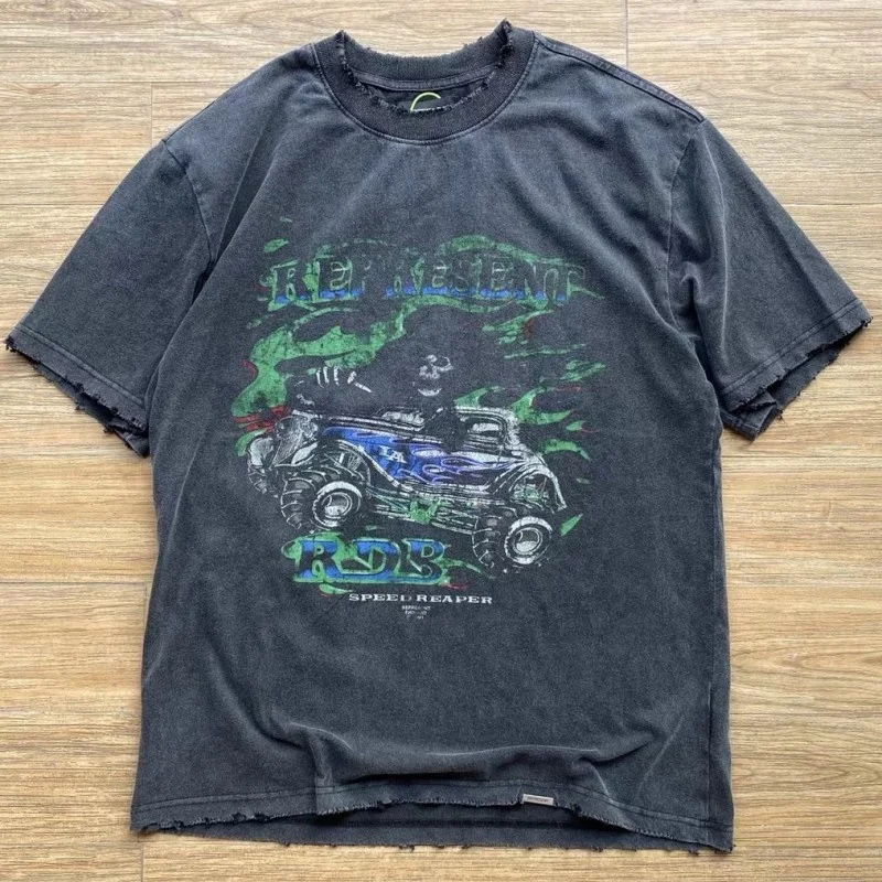 

2022ss Vintage REPRESENT T-shirt Skeleton Car Graphic REPRESENT T Shirt Men Women 1:1 High Quality Tee Wash Tops Short Sleeve
