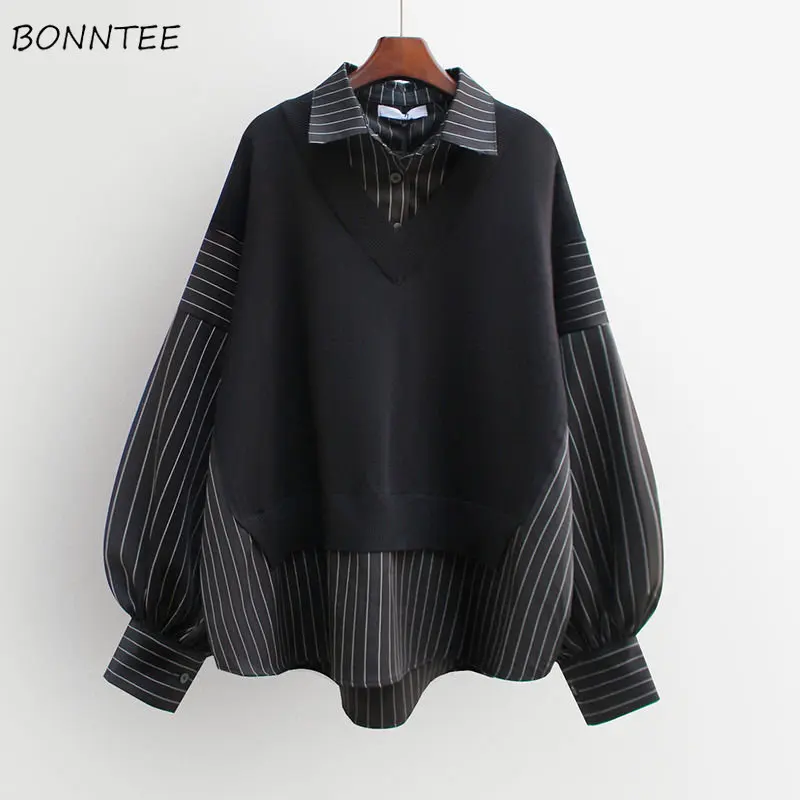 

Shirts for Women Fake Two Piece Patchwork Baggy S-3XL Korean Fashion Tops Clothes Camisas Mujer All-match Preppy College Popular
