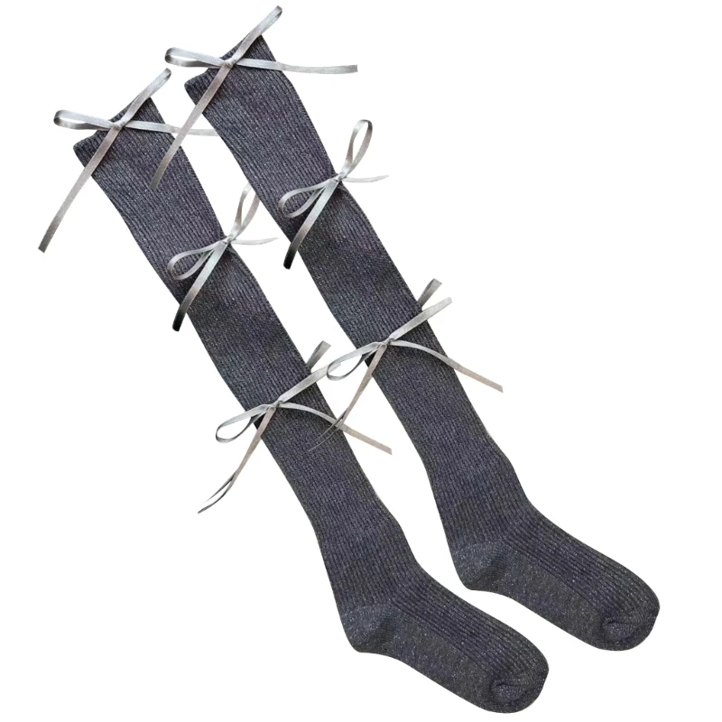 

Женские однотонные хлопковые длинные носки с бантом и лентой, дышащие носки в рубчик