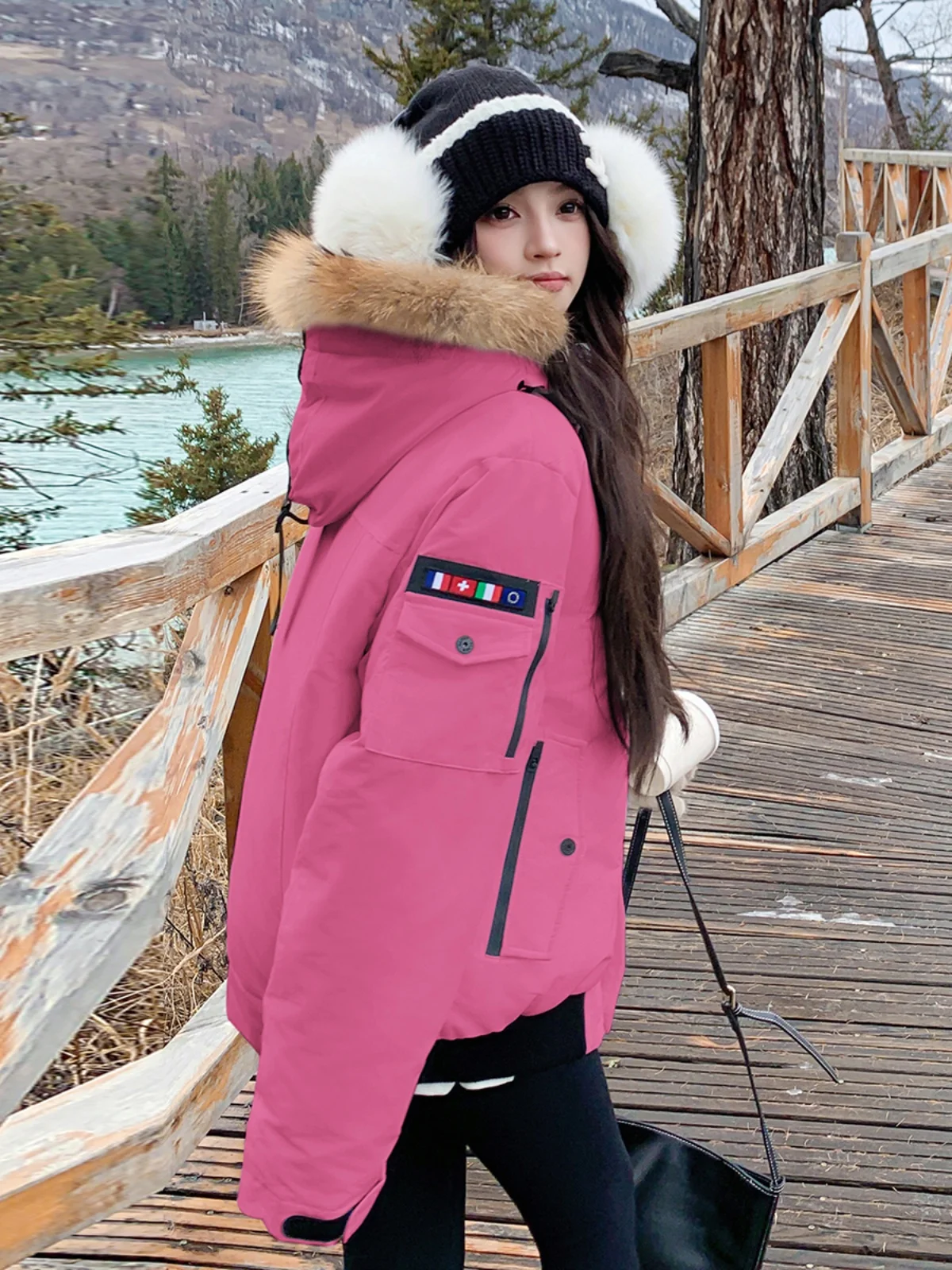 Розовый большой меховой воротник уличная куртка-карго 90 на белом утином пуху