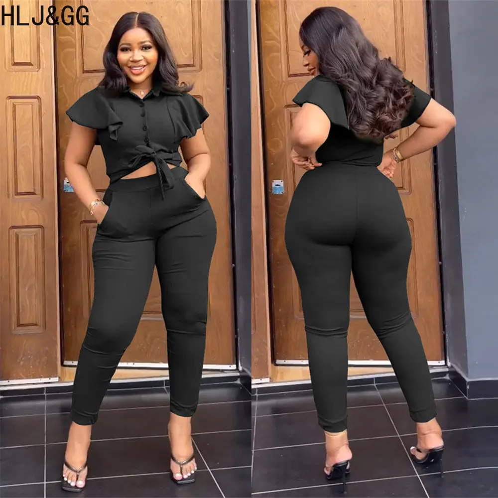 

HLJ&GG Elegant Office Lady Two Piece Sets Women Button Ruffled Sleeve Bandage Top And Skinny Pants Outfits Fashion 2pcs Clothing