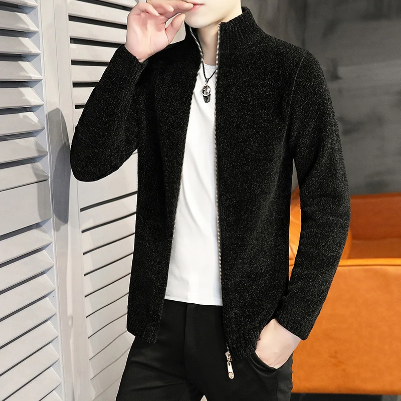Knit Sweater Jacket Men's Cardigan Autumn Outer Wear 21 New Solid Color Men's Sweater Chenille Autumn and Winter Trend Sweaters