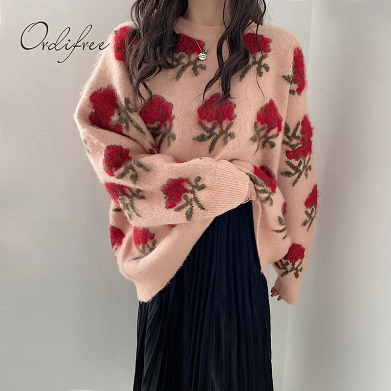

Ordifree 2023 Autumn Winter Vintage Women Floral Sweater Knitted Pullovers Retro Casual Loose Female Sweater Jumpers