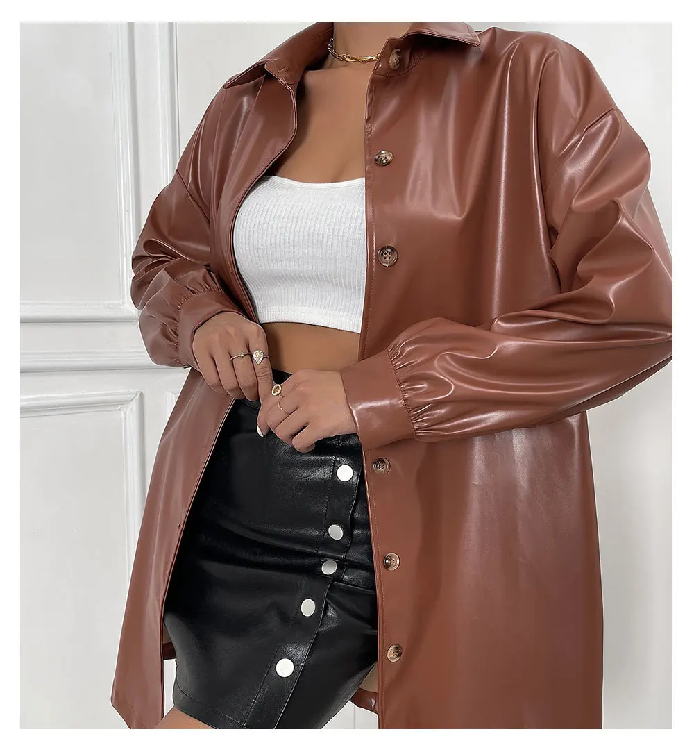 Women's Jacket Leather Spring and Autumn Women's Leather Coat Solid Color Motorcycle Pu Coat Top Blouse Brown Color Top