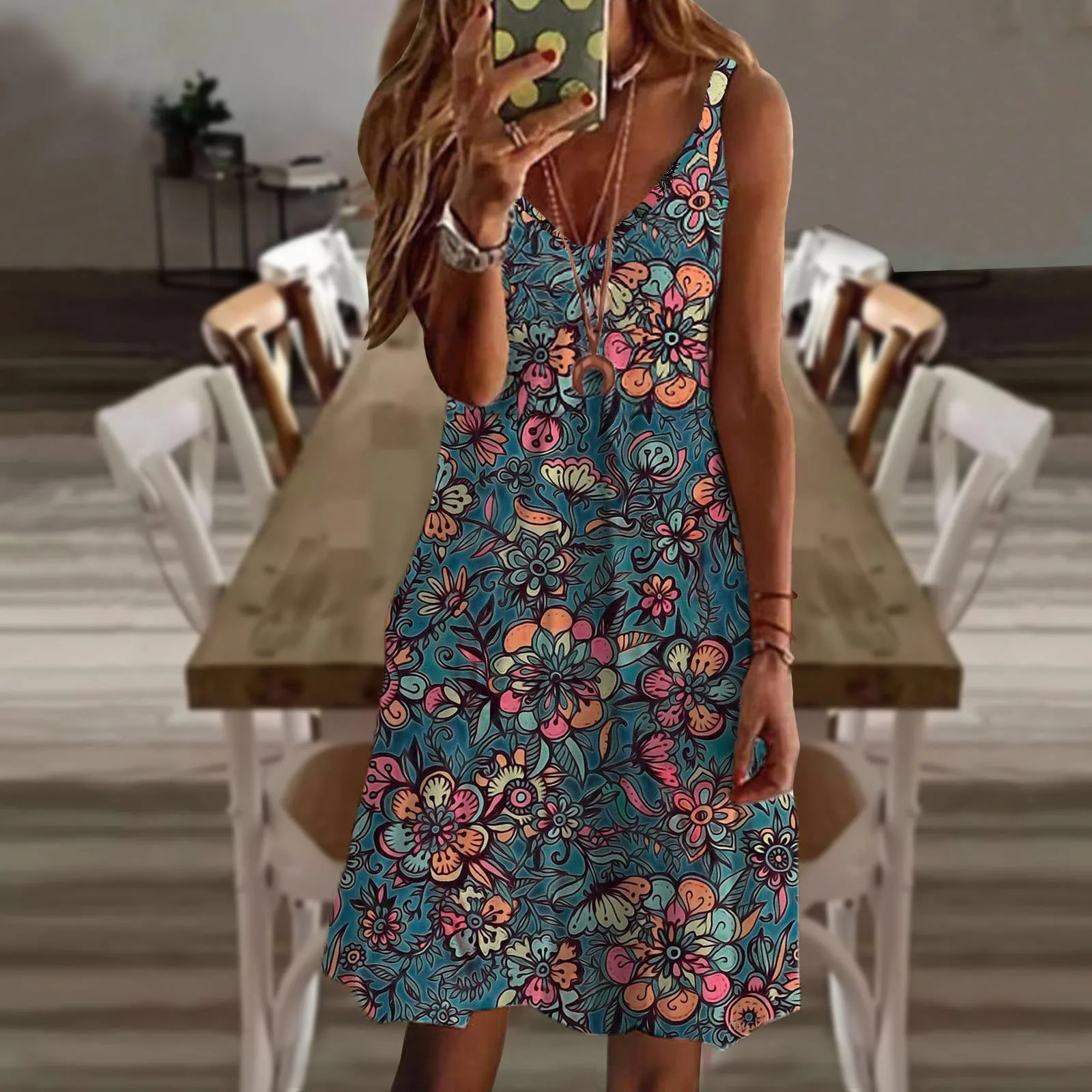 

Женское Цветочное платье миди в стиле бохо с V-образным вырезом, Женский Летний Пляжный сарафан без рукавов, кружевное летнее платье для жен...