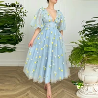 verngo pastel blue tulle embroidered flowers prom dresses puff half sleeves v neck tea length elegant pastrol boho party gowns