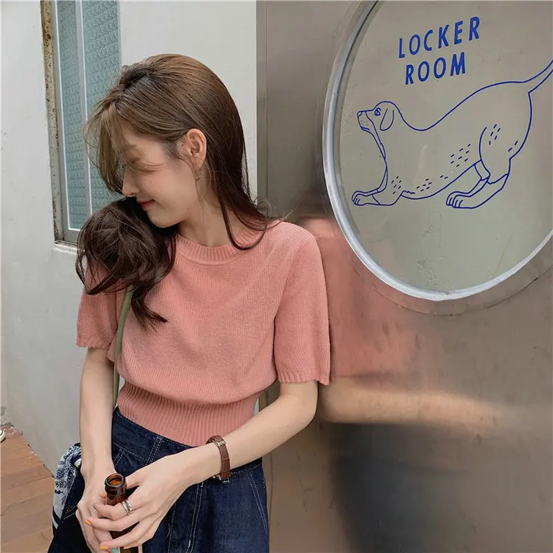 

Summer Knitted Tops Women O Neck Short Sleeve Chic Sweater Pullover Solid Female Korean Style Knitwear Casual Slim Jumper