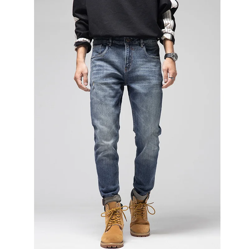 Men's Wear European and American High Street Retro Slim Stretch Blue Jeans Small Straight Casual Pants Autumn and Winter Female