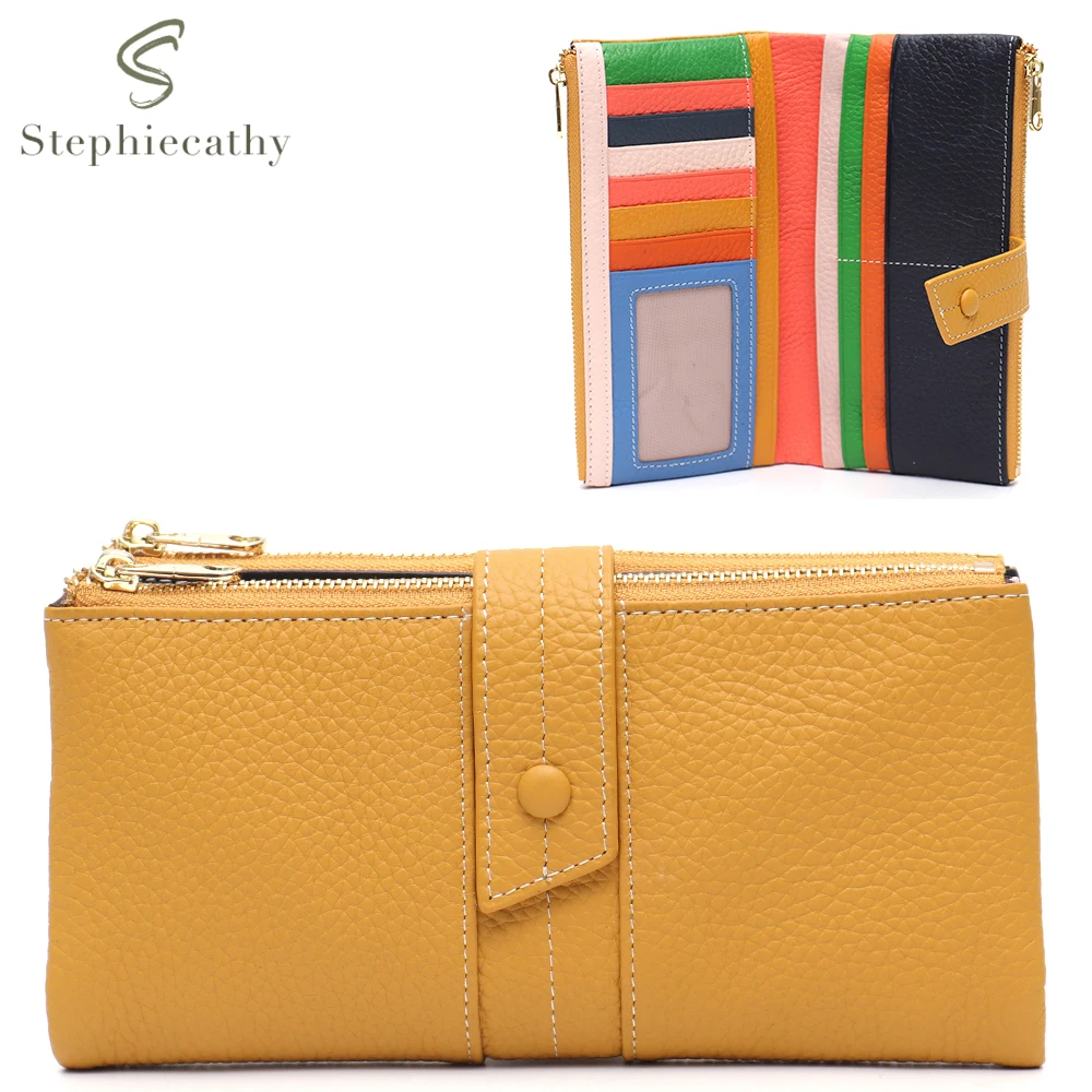 

SC Fashion Soft Genuine Leather Women Long Wallet Thread Pattern Colorful Interior Cardholder Bifold Zip Coin Purse Multi Pocket