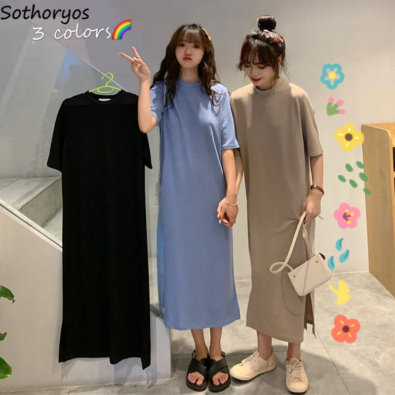 

Nightgowns Women Minimalist O-neck Oversized Sleepshirts Design Side-slit Homewear Midi Short Sleeve Nightdress Soft Sleepwear