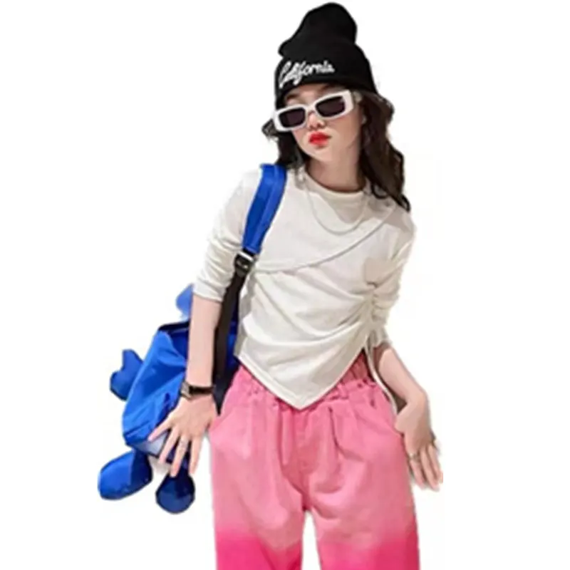 

Spring Girls T Shirt Baby Tee Shirt Children Streetwear Clothes Fashion Drawstring Design Knitting Skinny Solid Kids Tops 4-14Y