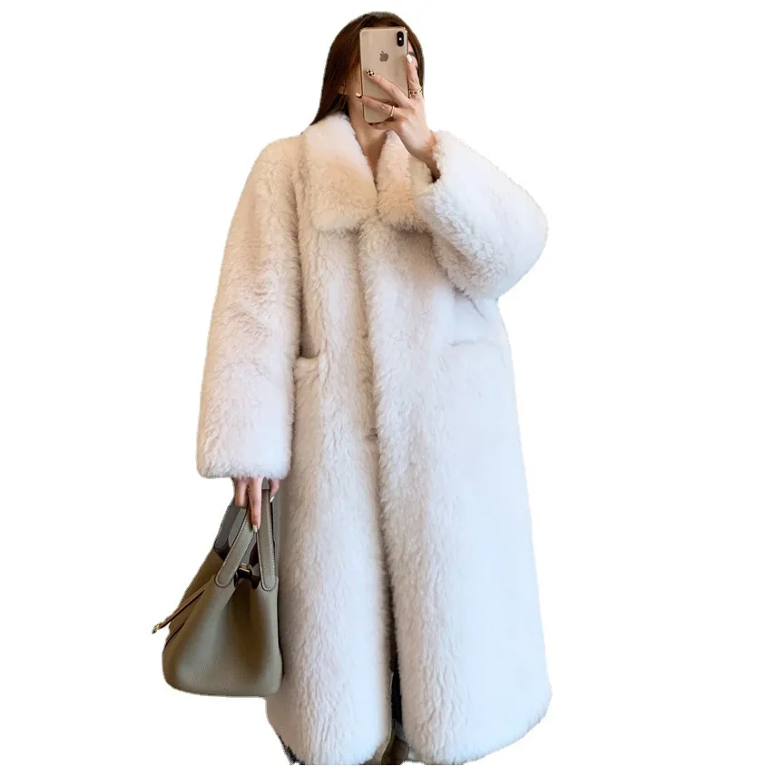 Lamb wool, sheep shearing coat, women's fur, women's medium length, loose