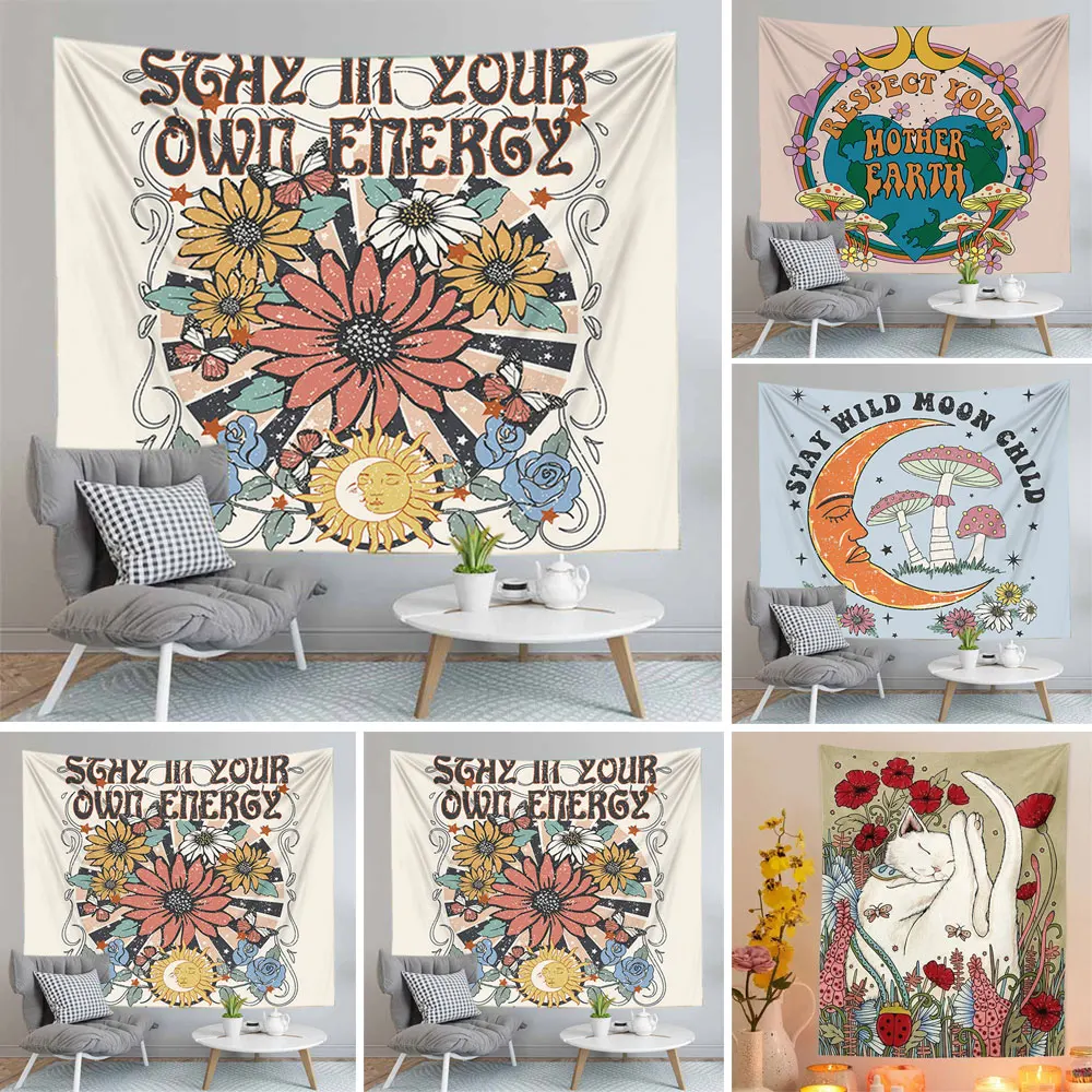 

Colorful Flowers Mushroom Flower Cat Tapestry Datura Hippie Room Decorations 3D Effect Fresh Style Suitable For All Seasons