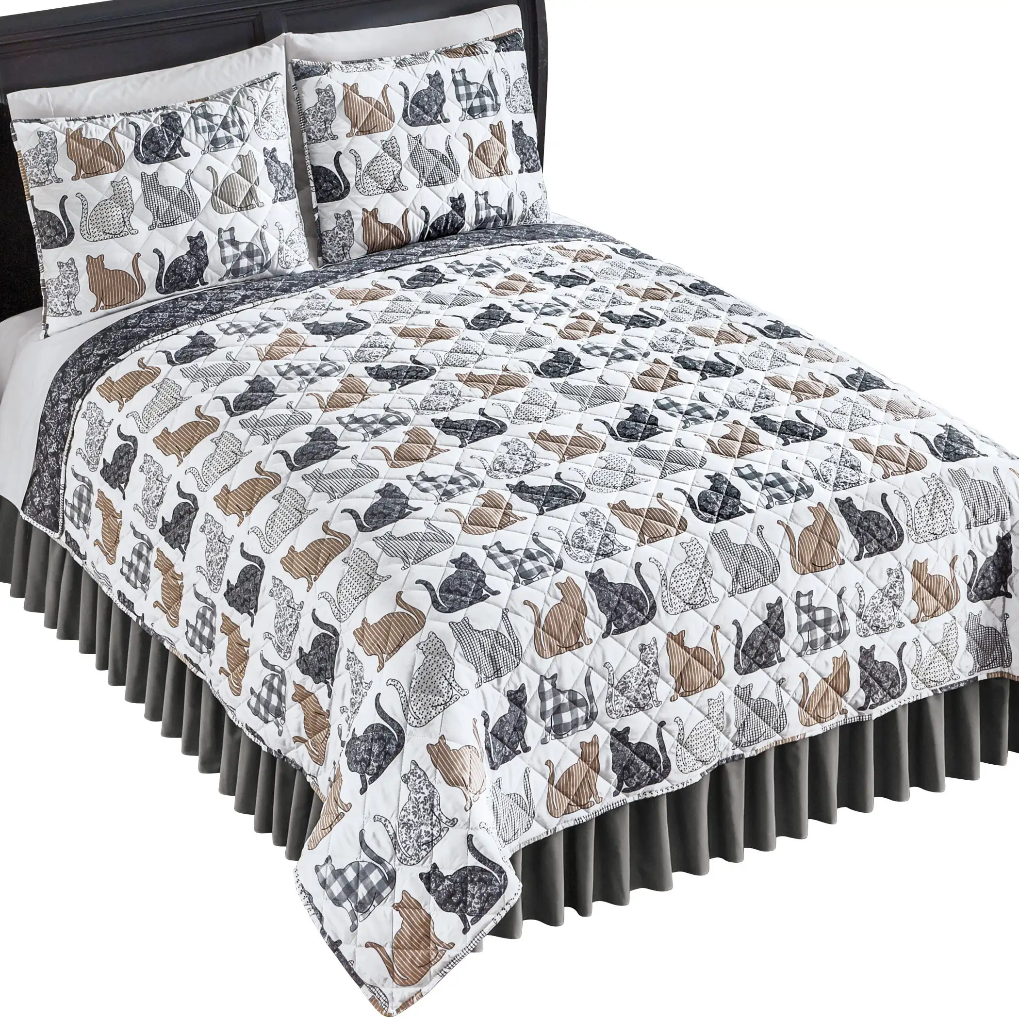 

Nala Cat Patterned Grey and Tan Quilt with Stipes Polka Dots Floral and Checkered Designs - Bedroom Decor for Cat Lovers