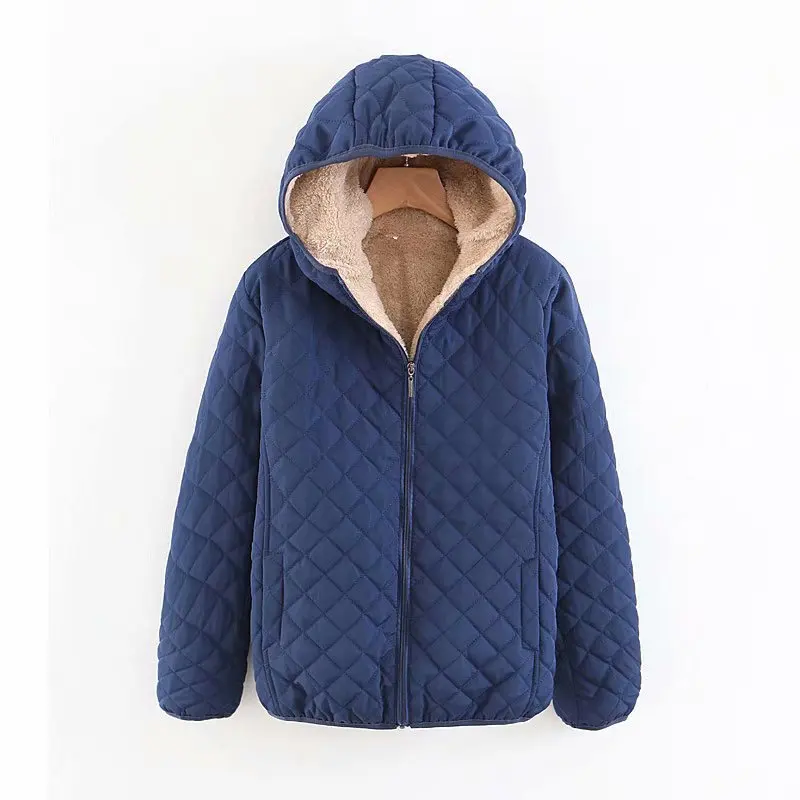 2022 Autumn and Winter New Plaid Embroidered Short Padded Jacket Plus Velvet Thick Lamb Wool Padded Jacket