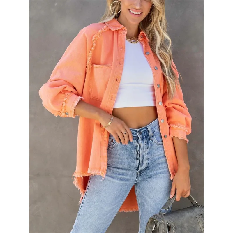 

2023 New Fashions Girls Sweet Pink Loose Shirt Jacket Woman Casual Soft Button Denim Shirts Ladies Chic Solid Pocket Jackets