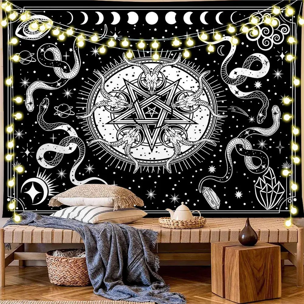 Moon Phase Snake Tapestry Hippie Wall Hanging Psychedelie Starry Sky Baphomet Tapestry Aesthetic Room Decor Background Ceiling