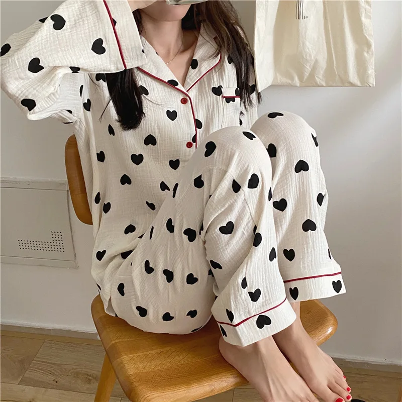 Love Pajamas Women's  Bedgown Spring/ Autumn Double-layer Yarn Cotton Gauze   Long-sleeved Two-piece Suit Breathable Home Wear
