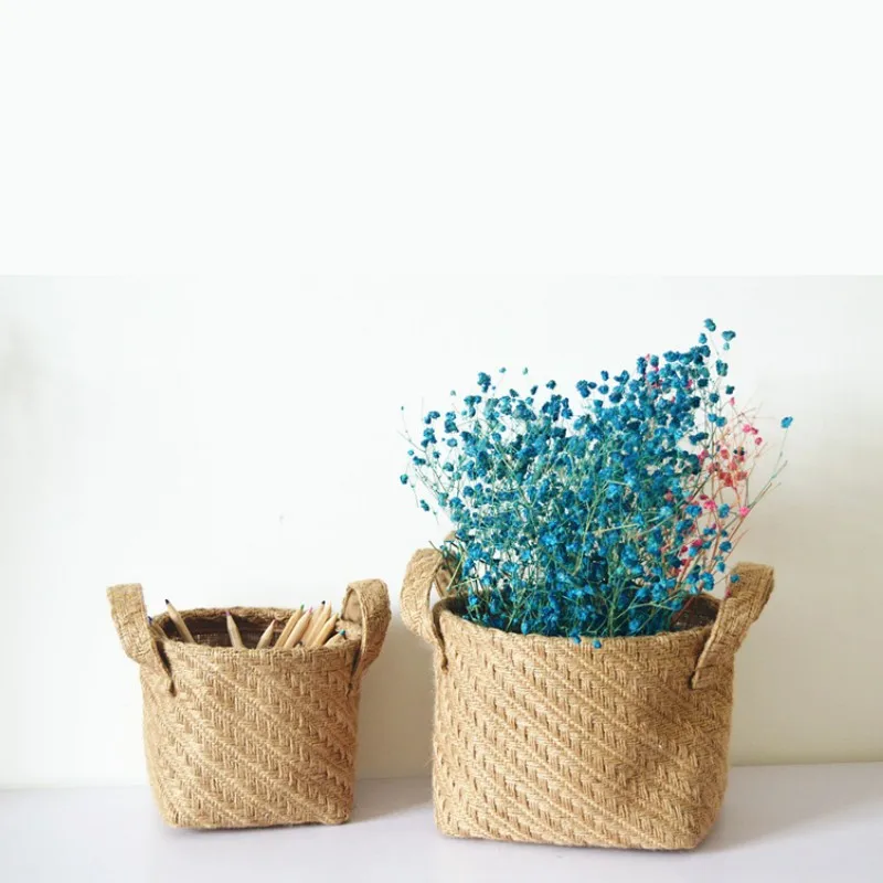 

Folding Linen Woven Basket Multifunction Stationery Sundries Storage Basket Desktop Decor Flower Pots Home Organizer Accessories