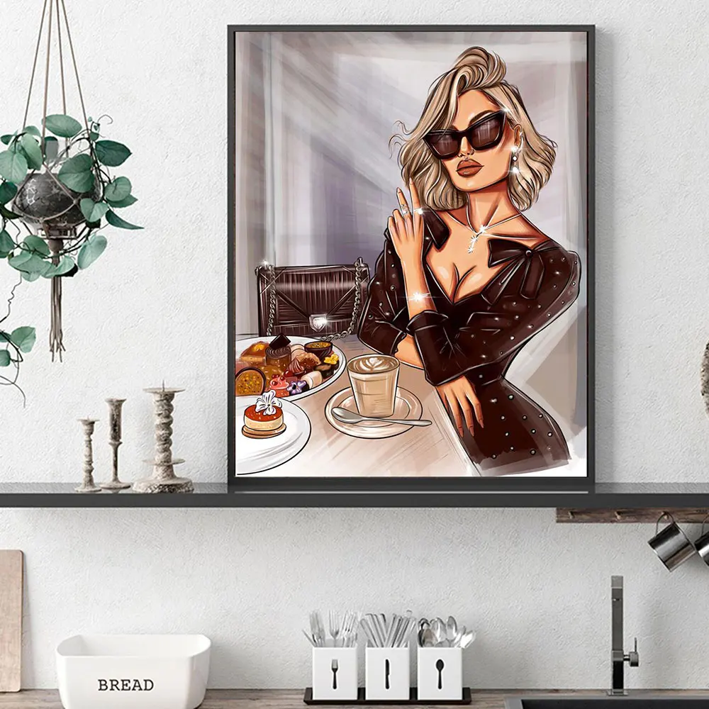 

Fashion Woman Have Afternoon Tea Poster Nordic Canvas Modern Painting Wall Art Vintage Figure Picture Room Interior Home Decor