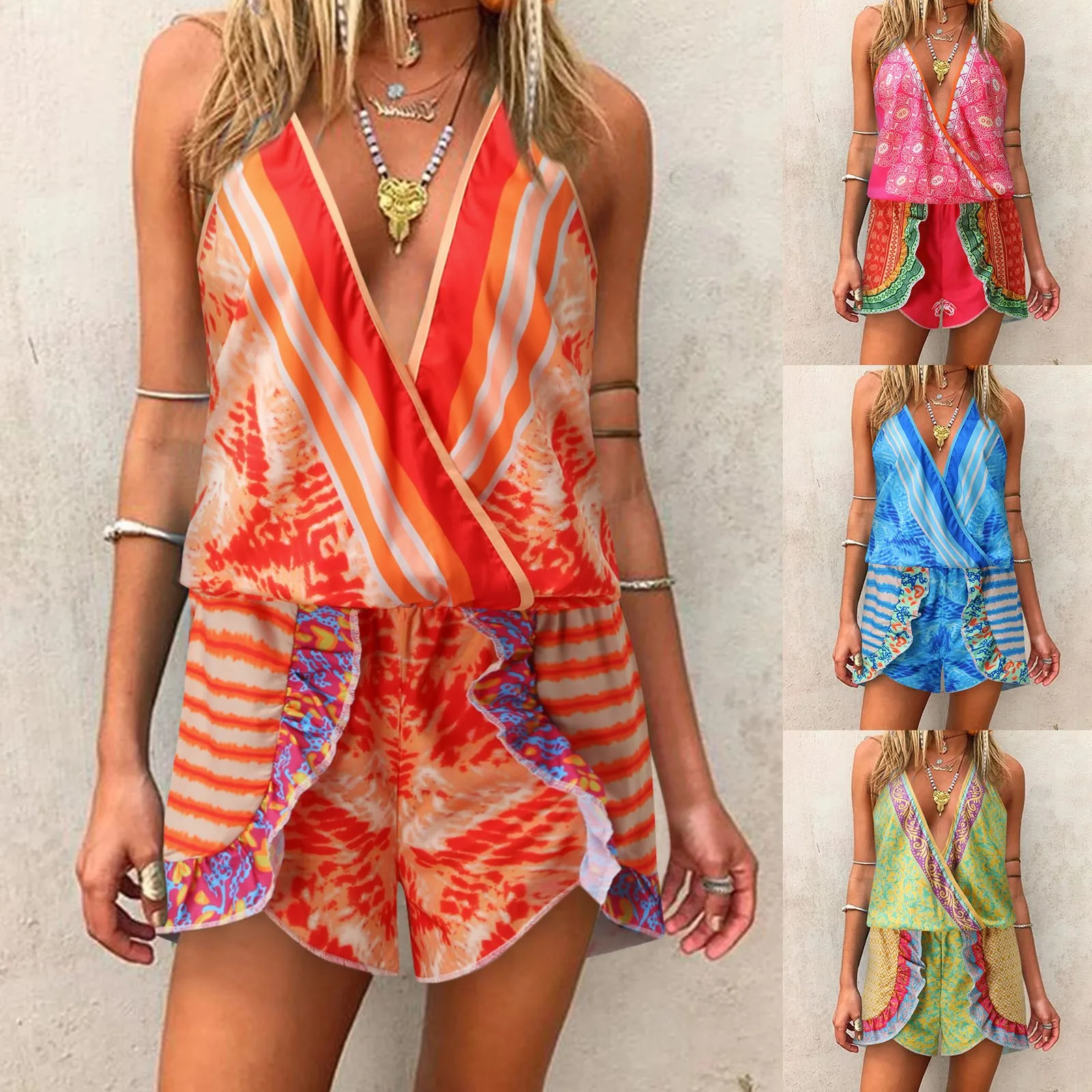 

Women Casual Boho Print Jumpsuit Strap V Neck Romper Playsuit Ruffle Elastic Waist Short Jumpsuit Combinaison Femme
