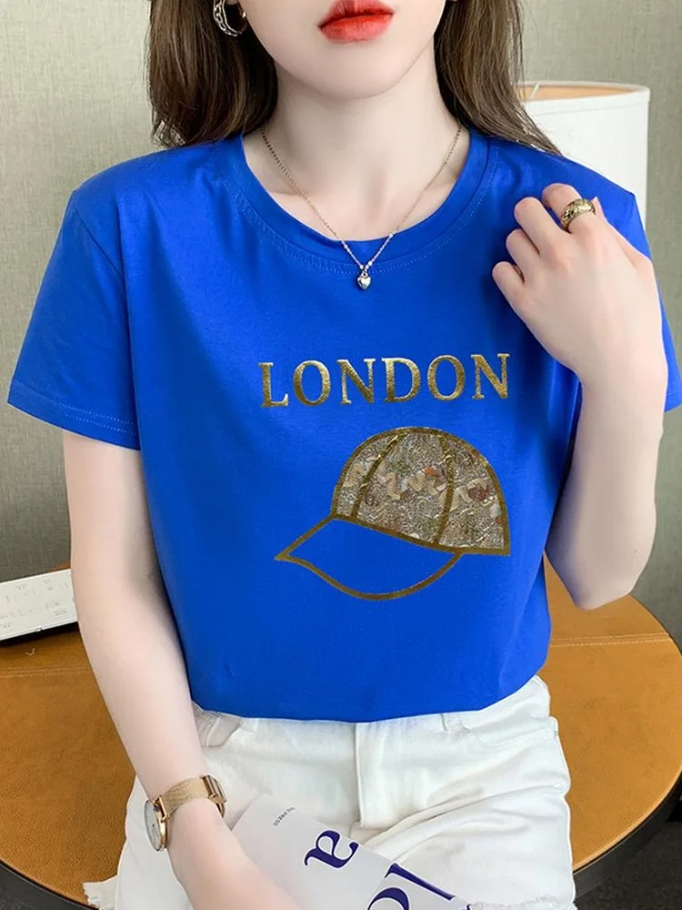 TuangBiang лето 2022 блестящая хлопковая футболка с буквенным принтом лондонская шляпа