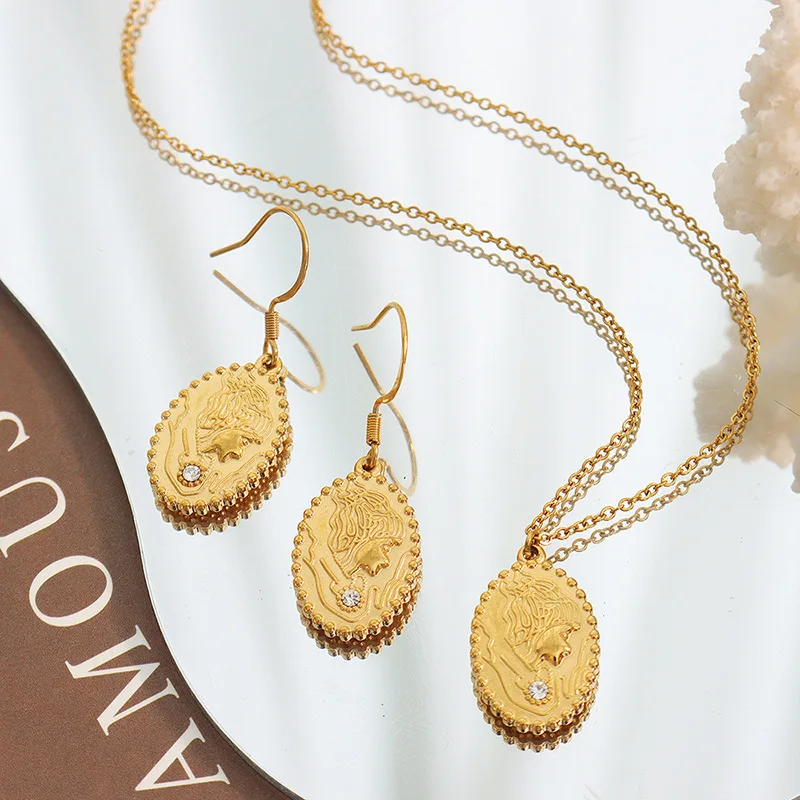 

French Vintage Necklace Earrings Elegant Portrait Oval Pendant Jewelry Set Zircon Inlay 316L Stainless Steel Free Shipping Items