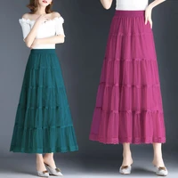 elegant lace patchwork mesh woman skirt 2022 spring new fashion commute office lady elastic high waist aline ankle layered skirt