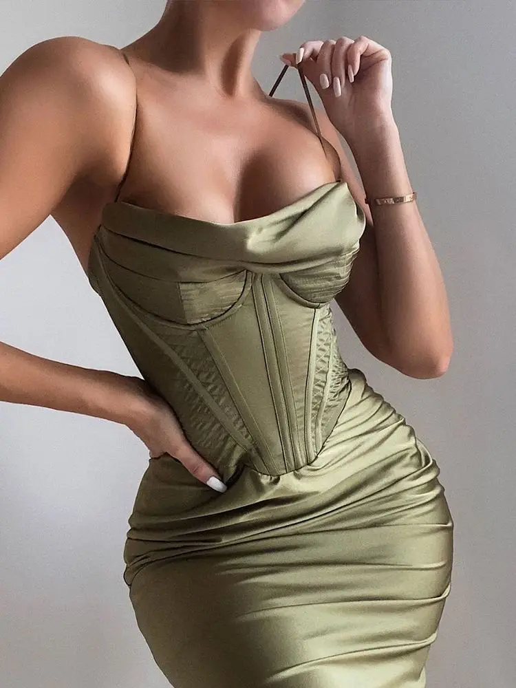 

High Quality Satin Bodycon Dress Women Party Dress 2022 New Year Dress Green Bodycon Dress Celebrity Evening Club Dress XL