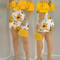sexy off shoulder floral print jumpsuit summer womens chic jumpsuit bubble hollow lace up front jumpsuit short sleeve slim 2022
