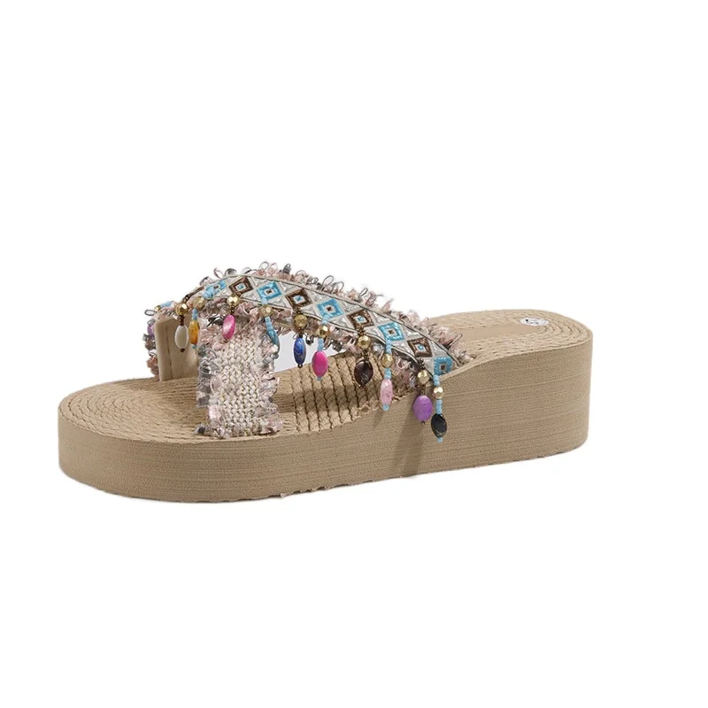 2023 Summer Straw Women's Flat Slippers Boho Ethnic Style Flat Sandals Casual Outdoor Non-Slip Flip-Flops Casual Beach 35-40