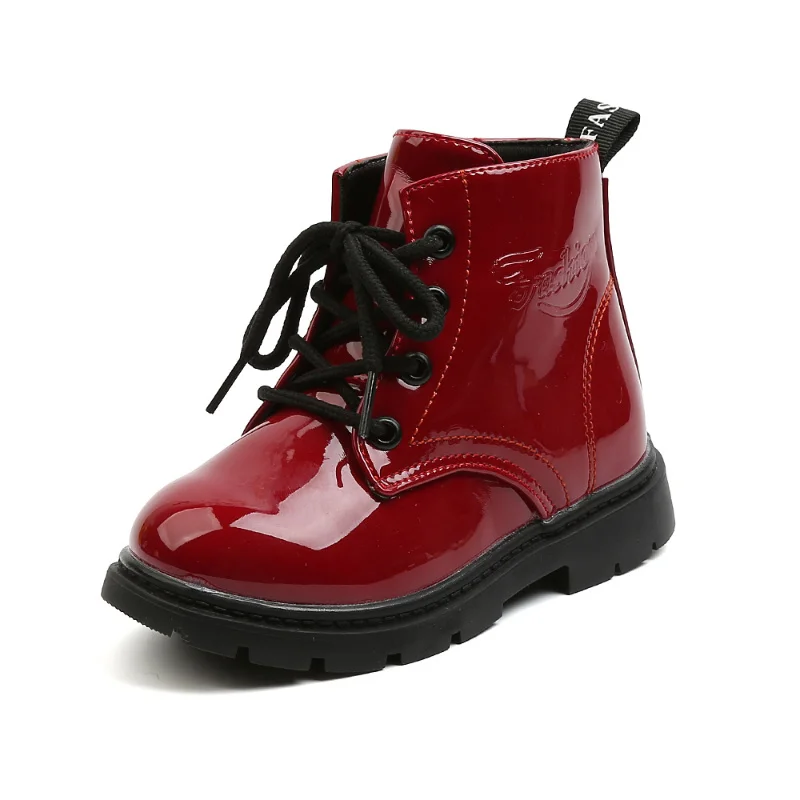 

Red Winter PU Leather Girls Boots Shoes Rubber Sole Flat With Boys And Kids Boots Shoes New Fashion Size 21-30 Girls Baby Boots