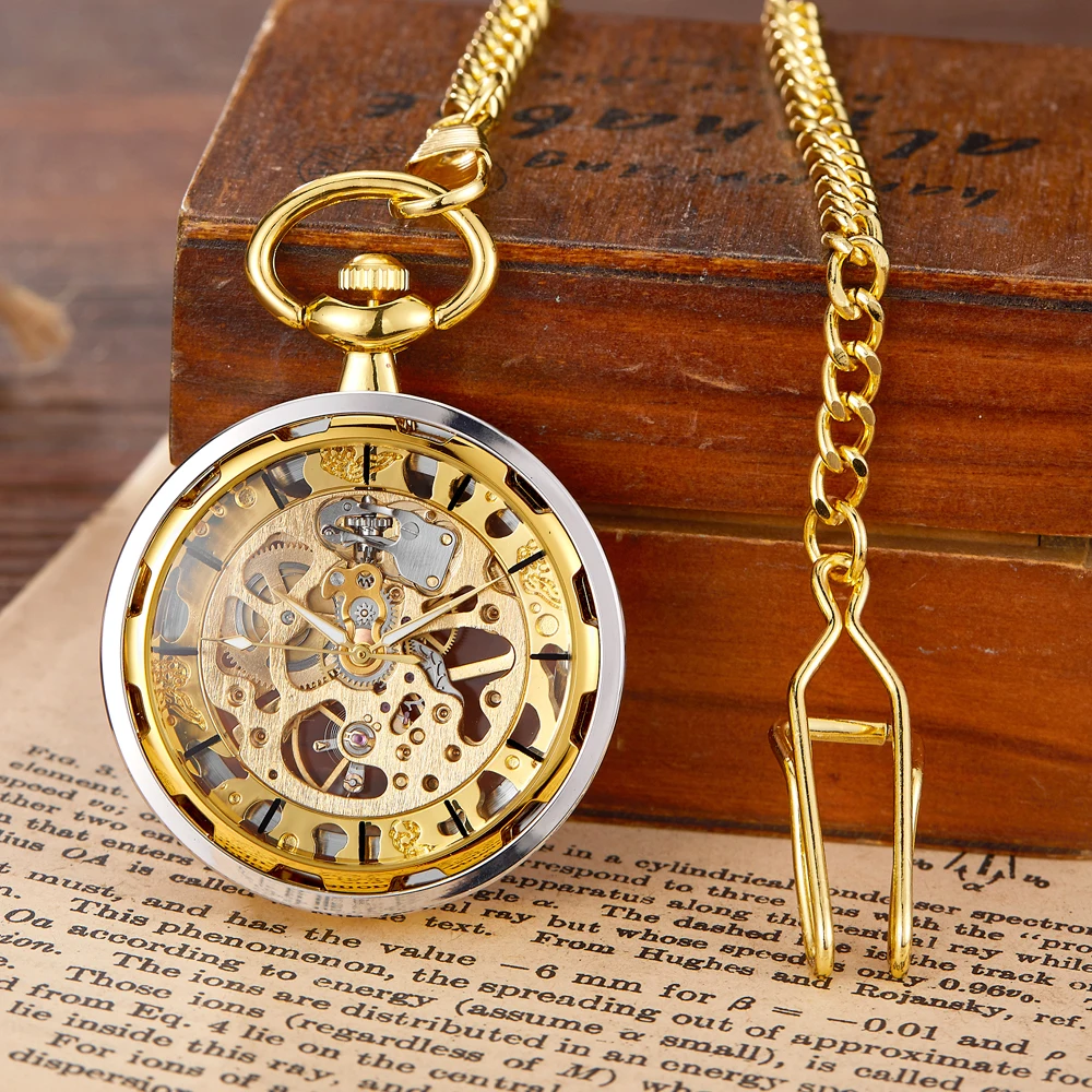 Vintage New Mechanical Pocket Watch FOB Chain Classic Steampunk Roman Dial Skeleton Black Hollow Men Pocket Watch Male Clock