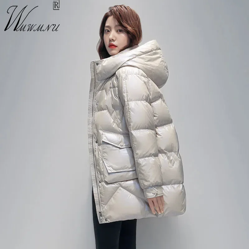 Mid Length Windproof Hooded Parkas Women Fashion Glossy Stand Collar Snow Coat Solid Warm Cotton Jacket Zip Up Quilted Overcoat