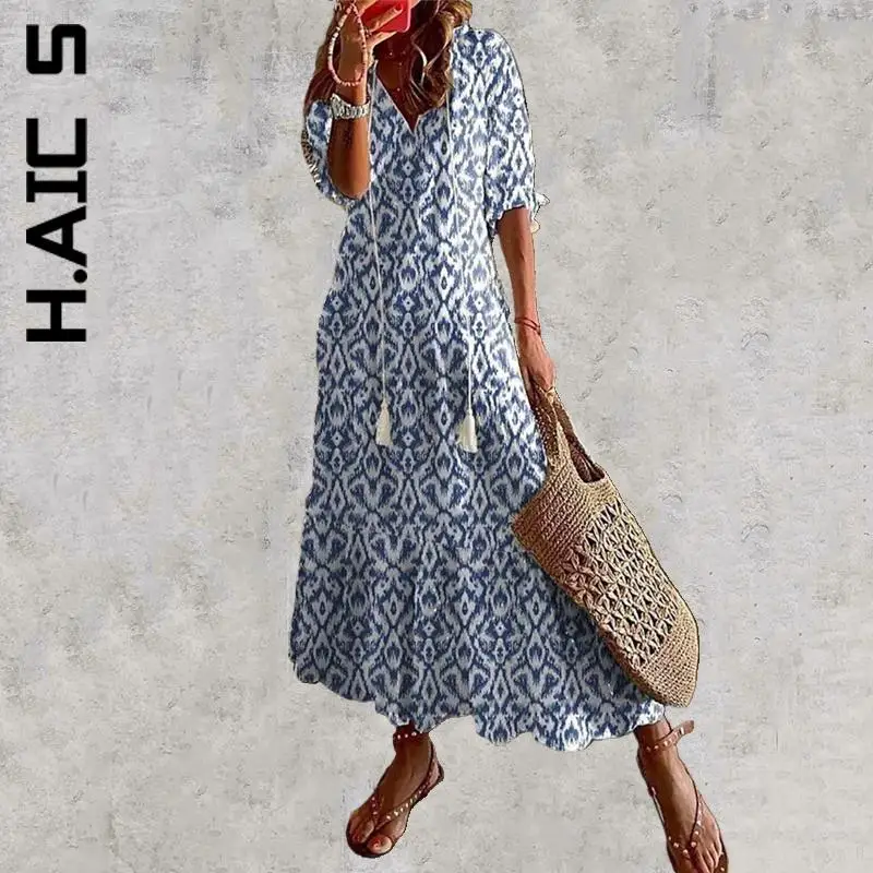 Женское платье с коротким рукавом H. АИК длинное принтом в стиле бохо