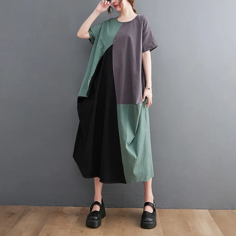 Трехцветное лоскутное платье большого размера из хлопка и льна с круглым вырезом