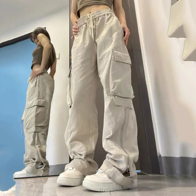2023 Vintage 90S Women's Cargo Pants Solid Color Streetwear Low Waist Trousers Female Autumn Overalls Baggy Straight Pants