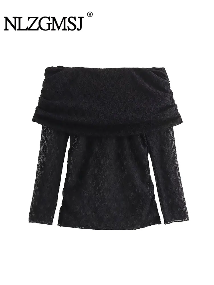 

Nlzgmsj TRAF Women 2024 Lace Blouse Tops Fashion Off Shoulder Vintage Spring Autumn Casual Elegant Slim Tops