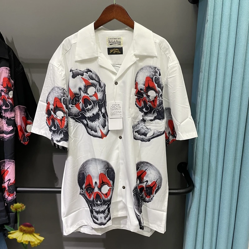 

Wacko Maria Skulls Printed T-shirt Hawaii Style T Shirt Summer Couple Fashion Men Clothing One Day Ship Out